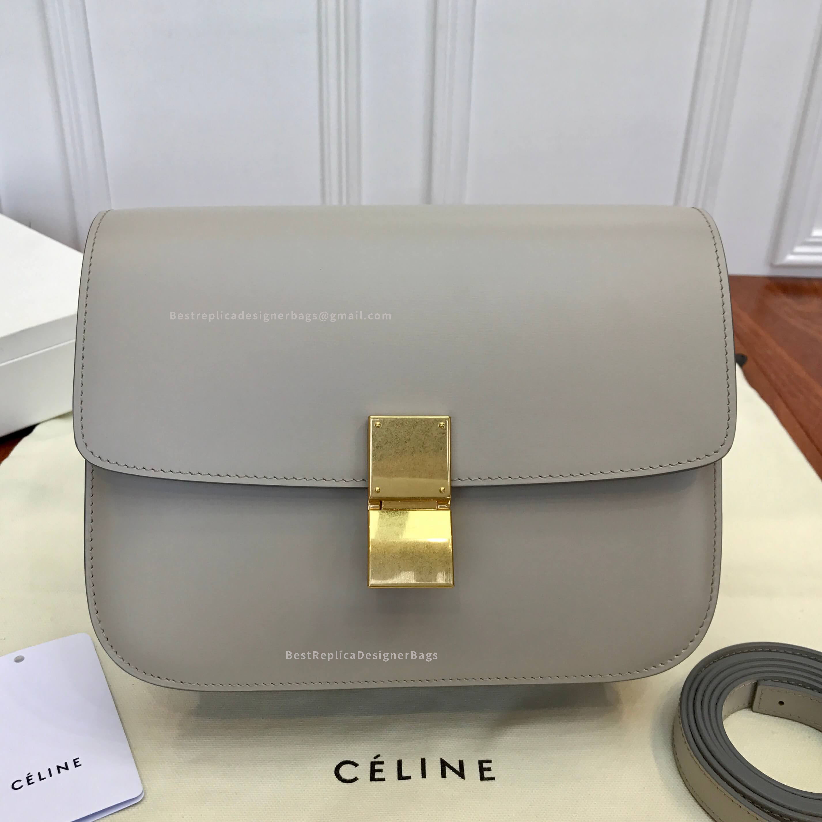 Celine Medium Classic Box Bag Pale Grey Calfskin